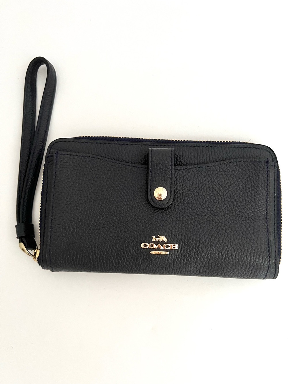 Coach Black Pebbled Leather Zip Around Phone Wallet Wristlet